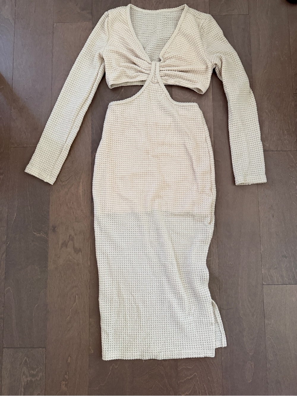 Cream Cutout Knit Midi Dress with Long Sleeves